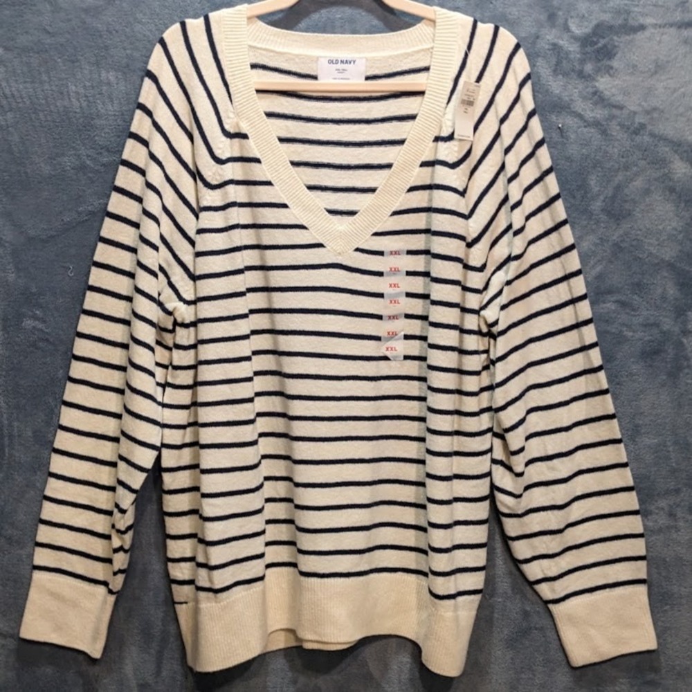 Old Navy SoSoft Striped V-Neck Sweater Womens XXL Tall Cream Black Pullover NWT